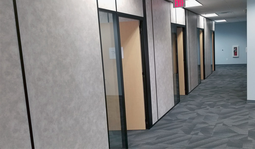 Corporate Office Wall Fronts - Black Framing and Vinyl Wrapped Gypsum Glass Sidelights