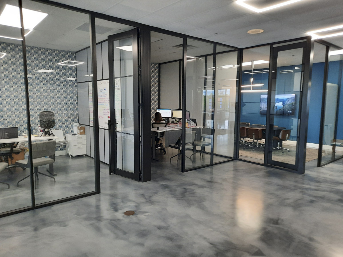 Demountable wall offices with glass fronts and fabric side walls