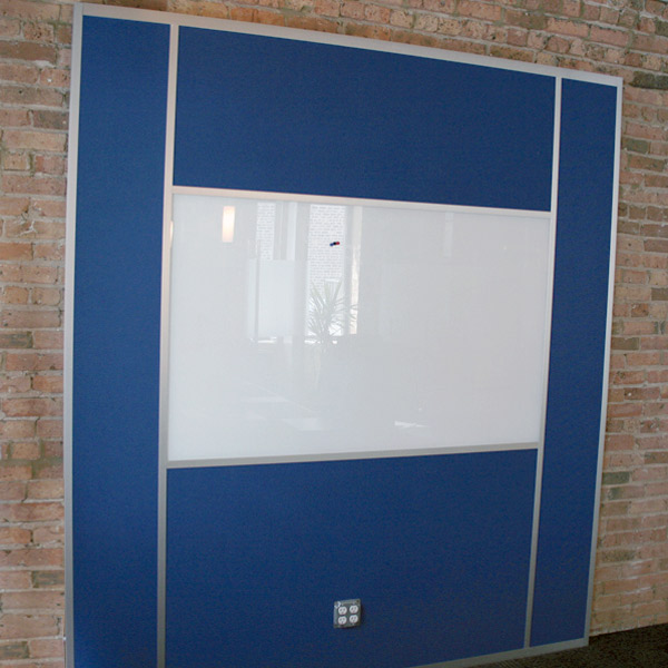 Flex series back painted glass whiteboard with integrated power module and tackable fabric panels
