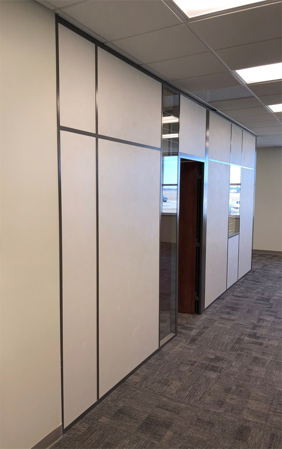 Solid architectural walls office with swing wood door