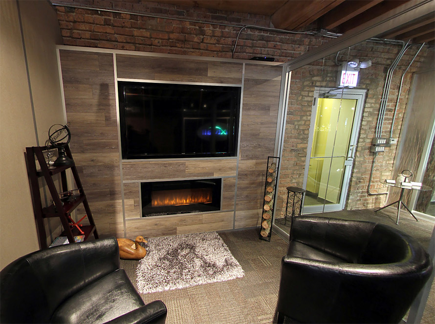 Freestanding Flex Series Laminate Plank Wall with Integrated Media/Fireplace
