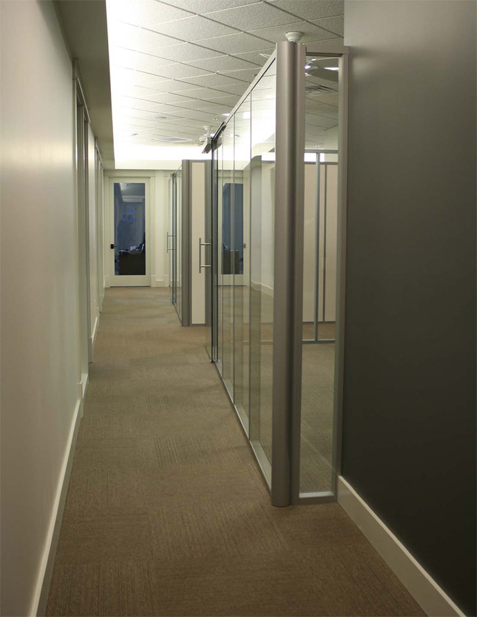 Freestanding glass office with radius corner post - Flex Series