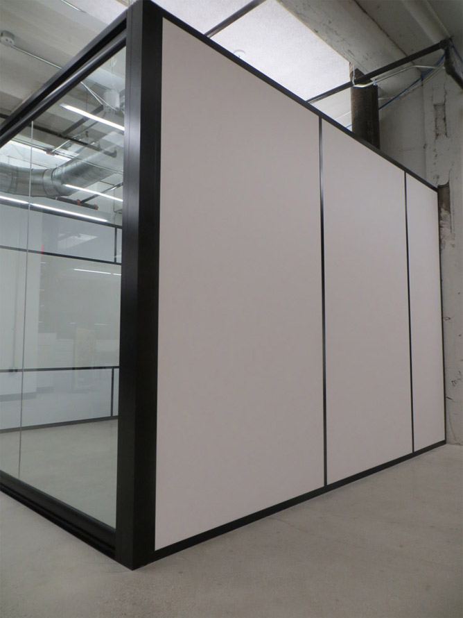 Solid Vinyl-wrapped Gypsum walls with Freestanding View Series Glass Front