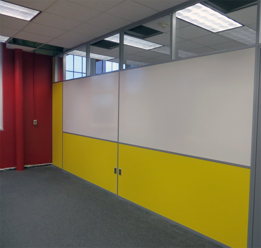 Classroom dividing wall partition with built-in whiteboard and clerestory