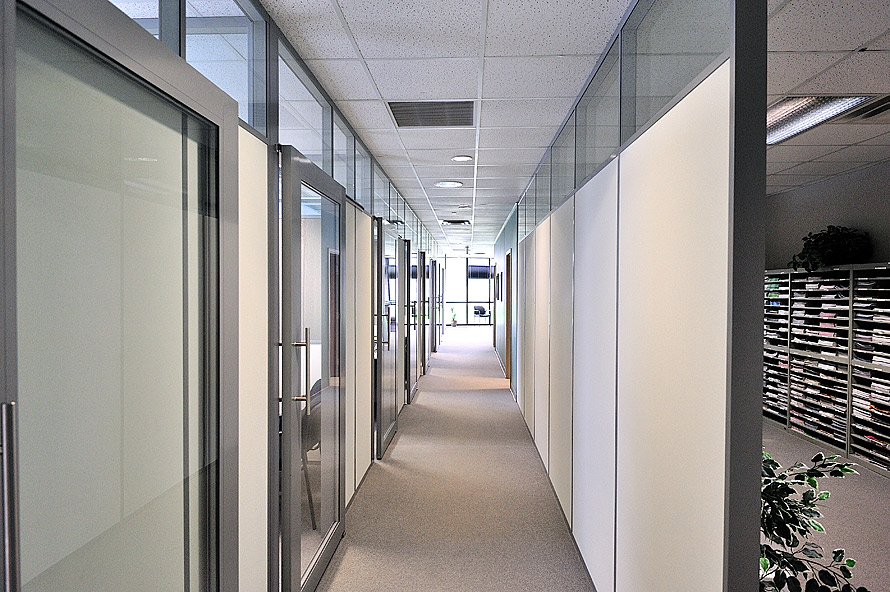 Flex Series private offices with sliding glass aluminum framed doors