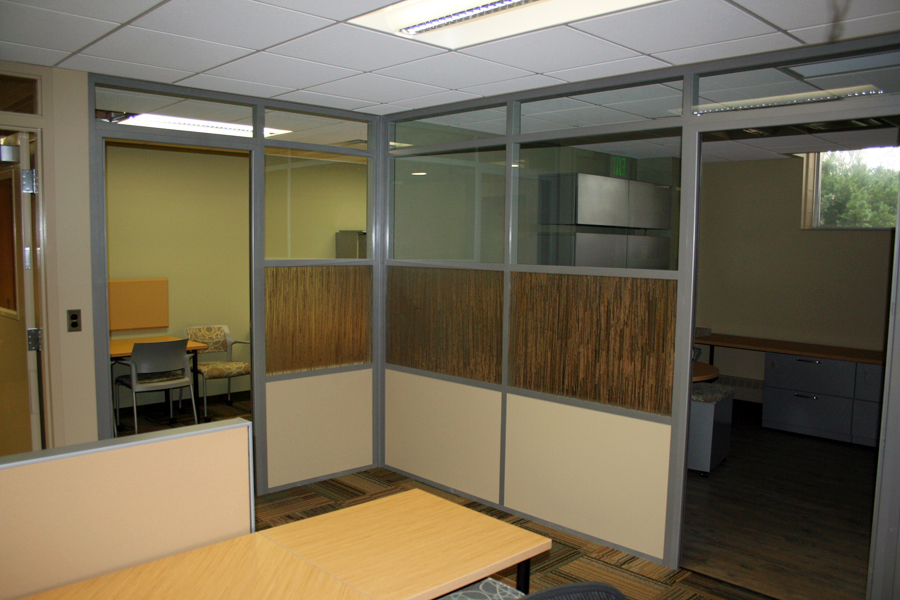 University offices with 3form designer pressed glass wall panels