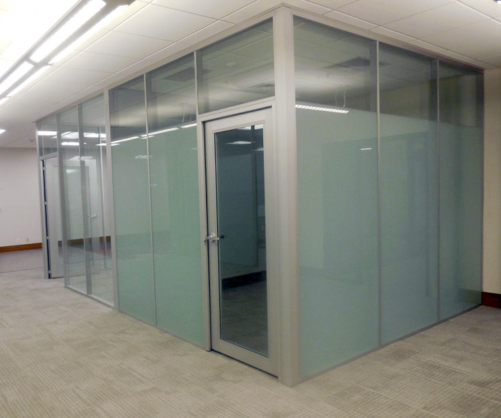 Frosted glass offices with aluminum framed glass doors and clear tempered clerestory