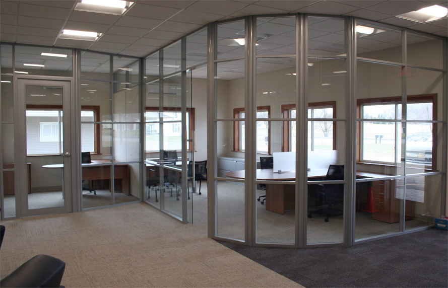 Segmented glass curved office walls