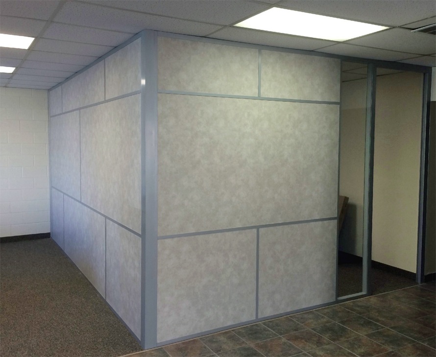 Solid vinyl-wrapped gypsum wall panel office with glass sidelight