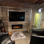 Freestanding Flex Series Laminate Plank Wall with Integrated Media/Fireplace