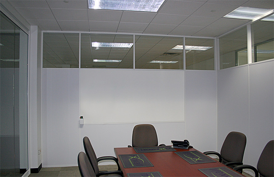 Conference room with white extrusions and integrated whiteboard