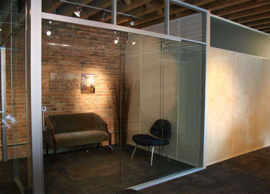 Pocket door glass office with stainless flush pull door hardware