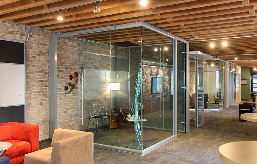 View series frameless corner glass office with soft close sliding door hardware