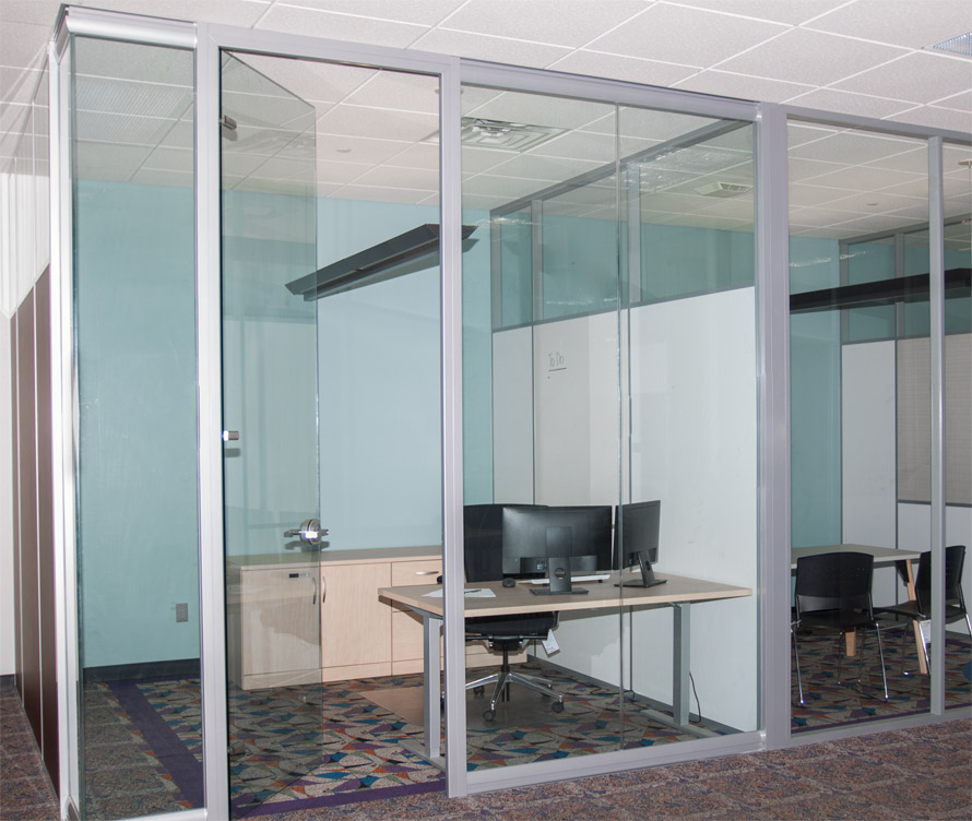 Full height frameless glass swing door Flex Series office with View Series open corner