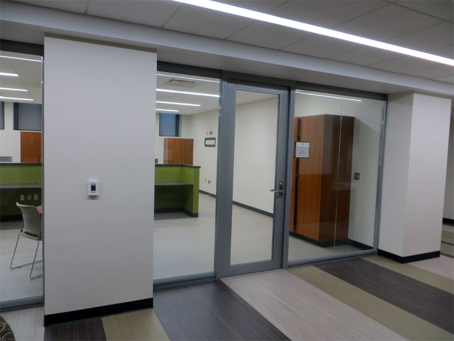 Glass office fronts - butt jointed glass solution with aluminum framed door