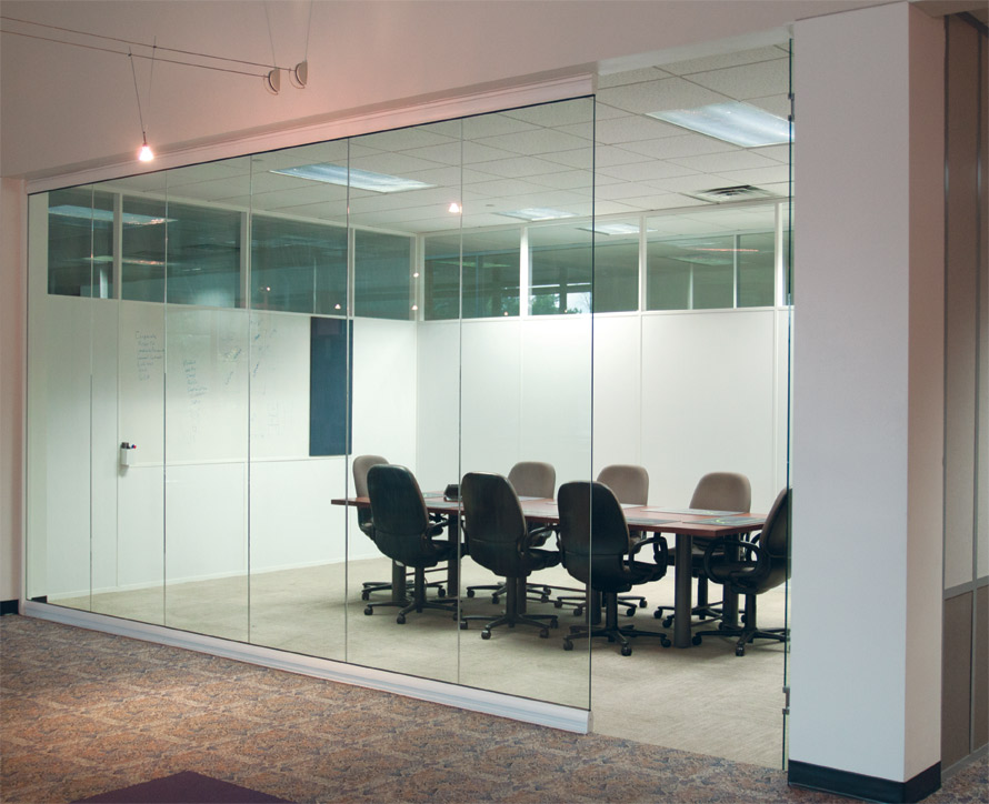 View Series glass conference room with milk white framing finish