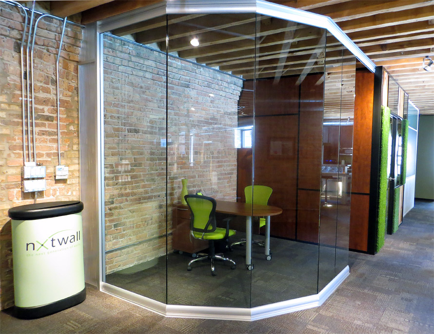 Angled / Curved glass wall office at Chicago movable wall showroom