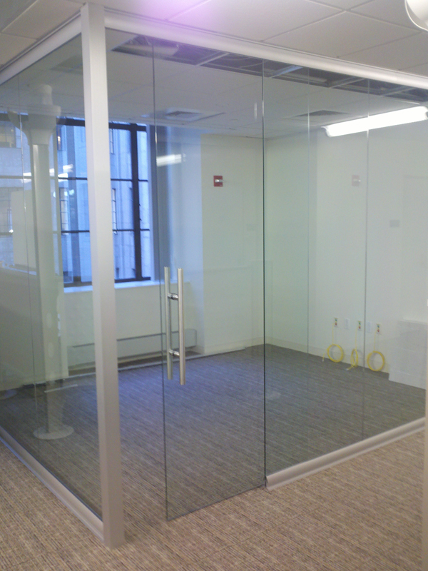Glass office with sliding full height door