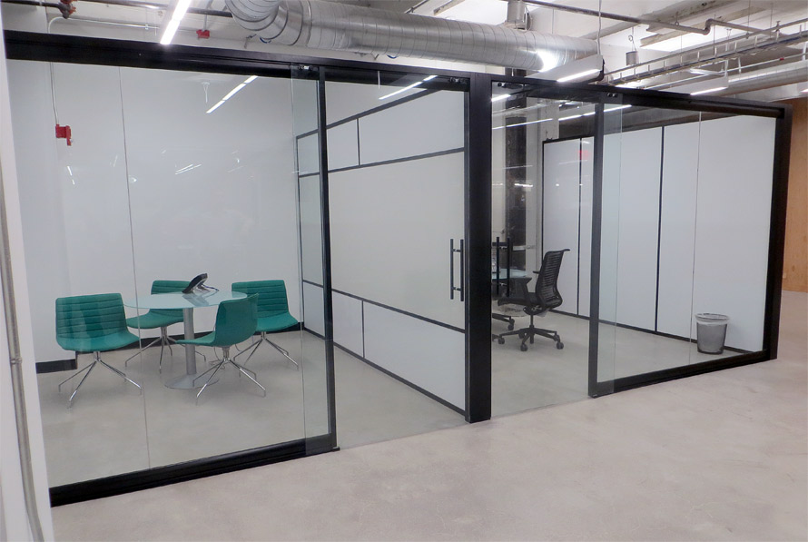 View office fronts with glass sliding doors and black extrusions