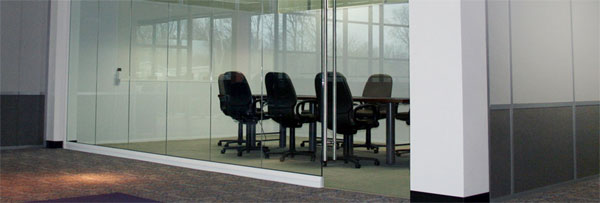 conference room with glass modular wall panels 