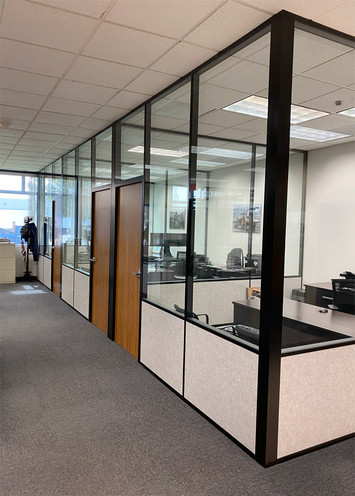 Black frame glass and solid panel offices with flush mount wood doors #1633