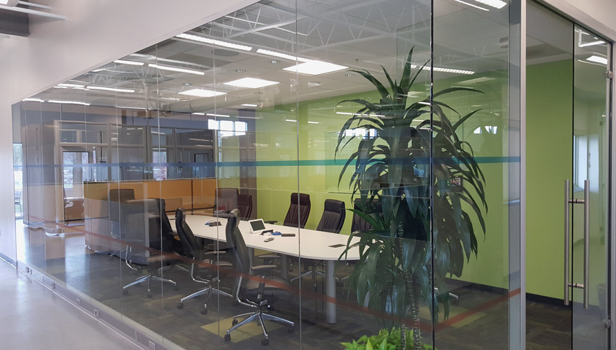 Glass Conference Room Walls with Open Corner and Power Channel #1069