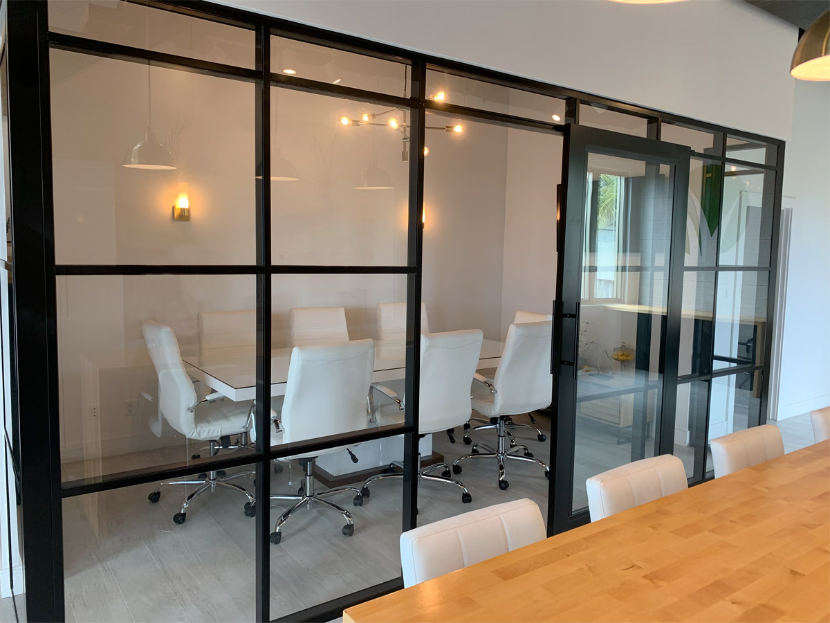 Glass demountable wall conference room black frame finish segmented #1639