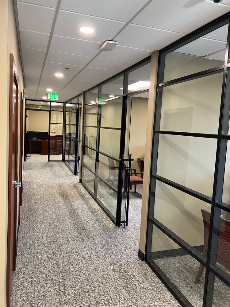Glass demountable wall offices multi segmented with black frame finish #1641