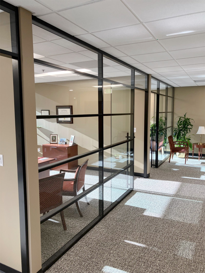 Glass office fronts with black frame transoms #1642