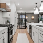 Demountable glass walls dining room installation Flex Series with double swing doors #1690