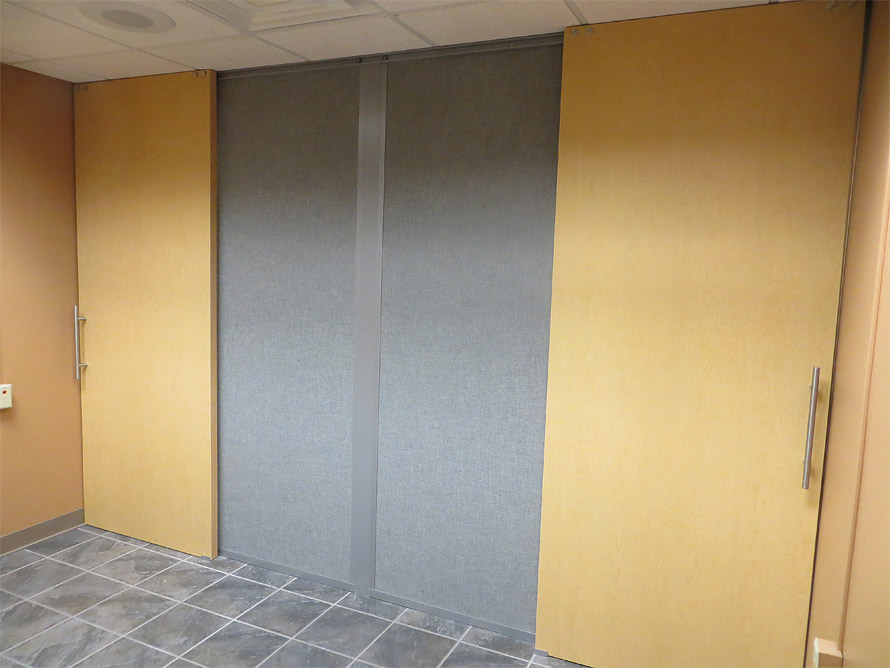 Double wood sliding doors with pleats grid silverado finish wall panels #0336