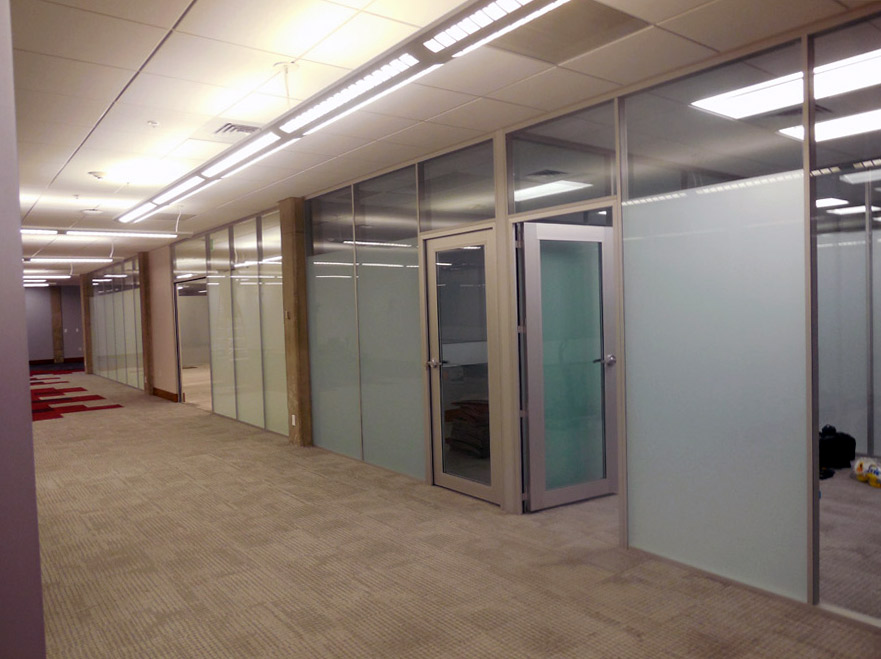 Glass wall with privacy film classroom application Flex Series wall system #0387