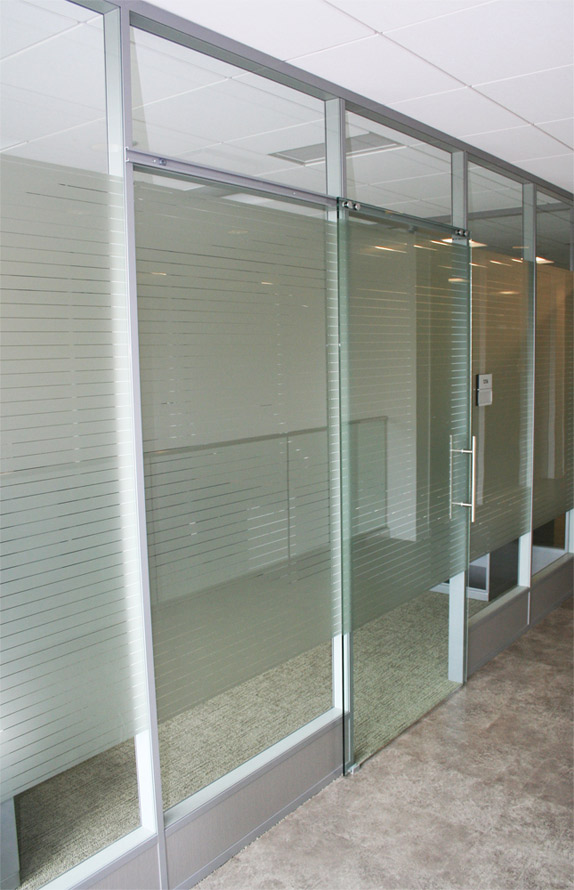 Office with privacy window film and sliding glass door #0665
