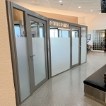 Flex Series field-fit angled walls with privacy window film and radius posts #1631