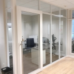 Glass Office Walls - Flex-Series - Warm White Finish with Sliding Door