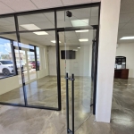 Glass wall office black frame finish with glass swing door and roller latch hardware #1839