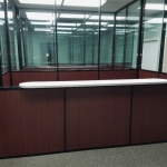 Reception top installation - wood base wall with glass top wall panels - Flex Series #1076