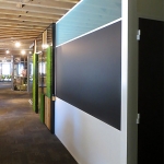 Frosted glass clerestory integrated chalkboard wall with white aluminum extrusions #0435