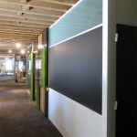 Frosted glass clerestory integrated chalkboard wall with white aluminum extrusions #0234