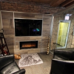 Freestanding Flex Series Laminate Plank Wall with Integrated Media/Fireplace