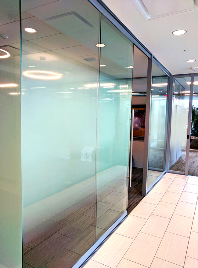 Elegant full height glass fronts with designer glass film applied #0926