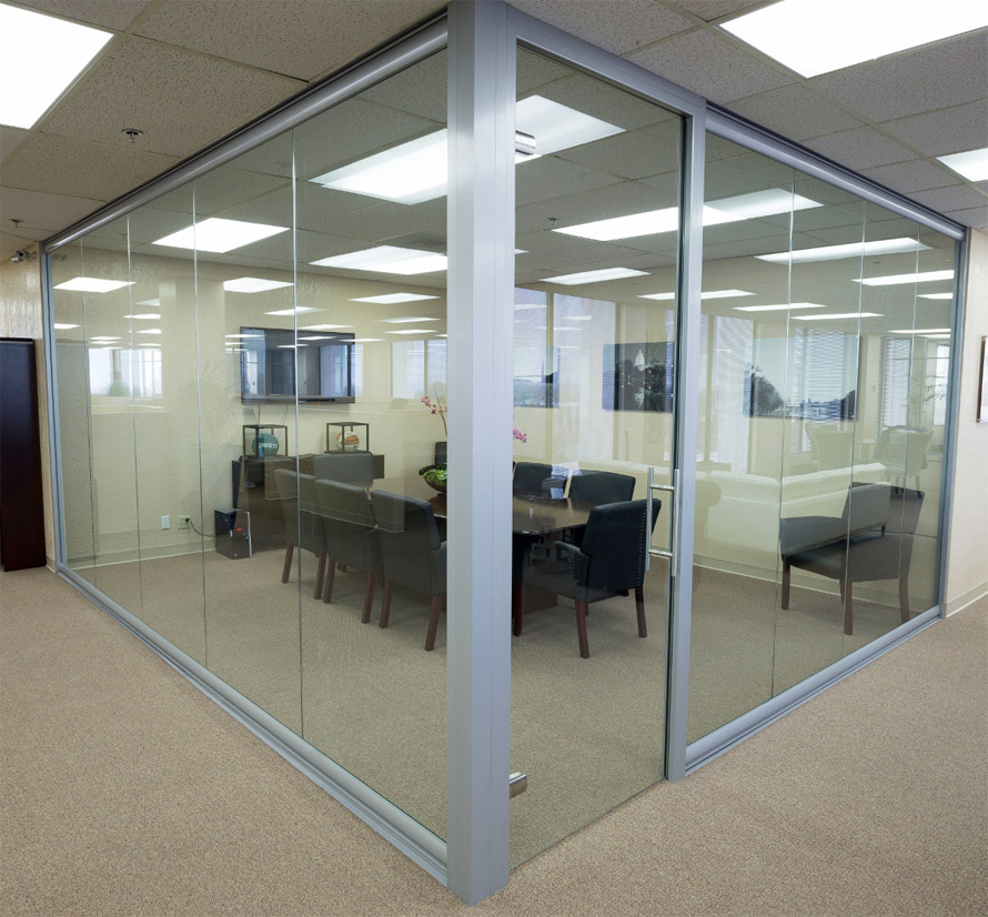 Glass wall Conference room with frameless glass swing door
