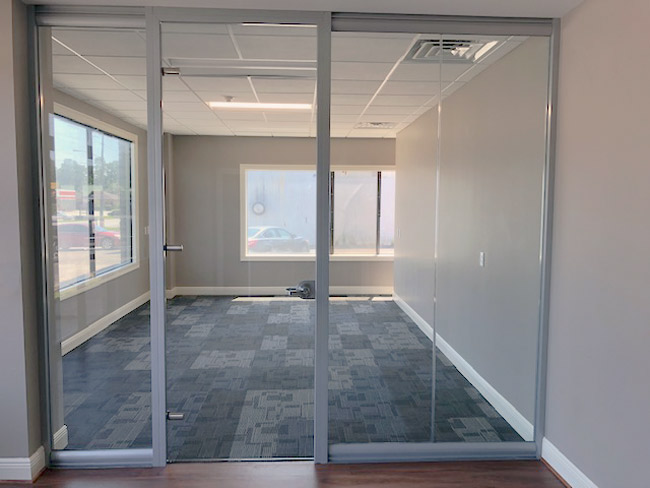 glass wall office with glass slab swing door #1555