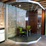 Angled / Curved glass wall office at Chicago movable wall showroom #0240