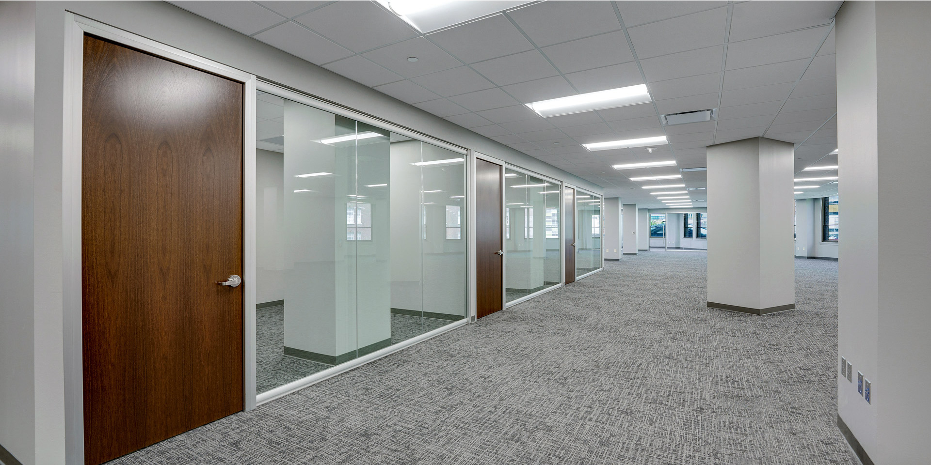 View Series Floor to Ceiling Glass Wall Offices with Wood Doors